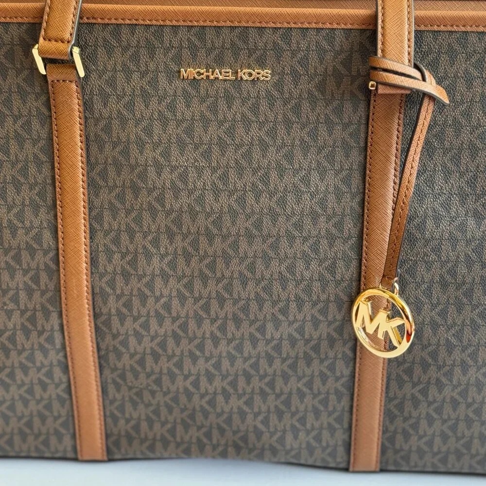Michael Kors Sady Large Logo Canvas Top-Zip Laptop Travel Tote Brown - Picture 6 of 11